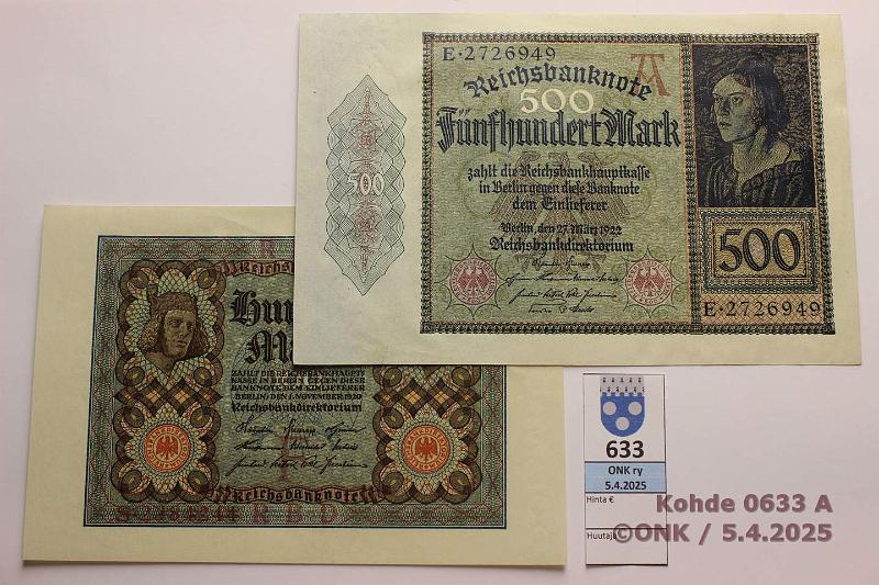 k-0633-a.jpg - Kohde 633 (kuva 1/2), lhthinta: 25 € / ei tarjouksia Saksa 100 - 10 000 mk (3) 1920-22 P#69a, 72, 73 100mk-20; 500mk-22; 10 000mk-22, kunto: 8, 8, 9