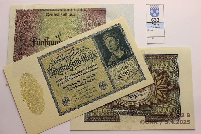 k-0633-b.jpg - Kohde 633 (kuva 2/2), lhthinta: 25 € / ei tarjouksia Saksa 100 - 10 000 mk (3) 1920-22 P#69a, 72, 73 100mk-20; 500mk-22; 10 000mk-22, kunto: 8, 8, 9