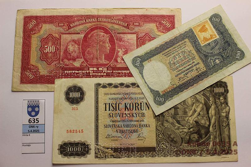 k-0635-a.jpg - Kohde 635 (kuva 1/2), lhthinta: 10 € / myyntihinta: 37 € Slovakia 100 - 1000 kr (3) 1939-40 P#10, 2, 13 100k -40; 500k ND(-39); 1000k -40. Miehitysseteleit. Kaksi jlkim. SPECIMEN lvisteell, kunto: 4-6