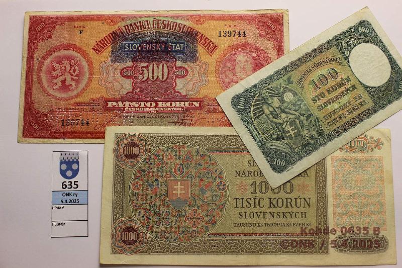 k-0635-b.jpg - Kohde 635 (kuva 2/2), lhthinta: 10 € / myyntihinta: 37 € Slovakia 100 - 1000 kr (3) 1939-40 P#10, 2, 13 100k -40; 500k ND(-39); 1000k -40. Miehitysseteleit. Kaksi jlkim. SPECIMEN lvisteell, kunto: 4-6