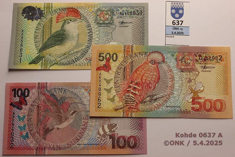 k-0637-a.jpg - Kohde 637 (kuva 1/2), lhthinta: 25 € / ei tarjouksia Suriname 100 + 500 + 1000 gulden 2000 P#149a-151a, kunto: 9