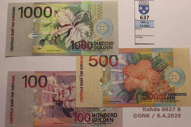 k-0637-b.jpg - Kohde 637 (kuva 2/2), l�ht�hinta: 25 &euro; / ei tarjouksia Suriname 100 + 500 + 1000 gulden 2000 P#149a-151a, kunto: 9