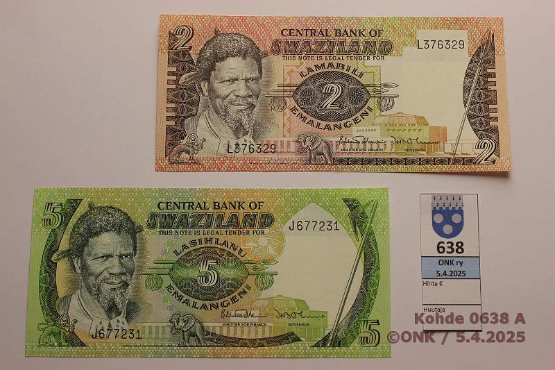 k-0638-a.jpg - Kohde 638 (kuva 1/2), lhthinta: 15 € / ei tarjouksia Swazimaa 2 + 5 emalangeni ND(1984) P#8b, 9b, kunto: 9
