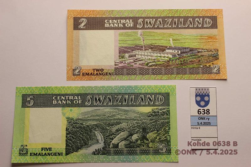 k-0638-b.jpg - Kohde 638 (kuva 2/2), lhthinta: 15 € / ei tarjouksia Swazimaa 2 + 5 emalangeni ND(1984) P#8b, 9b, kunto: 9