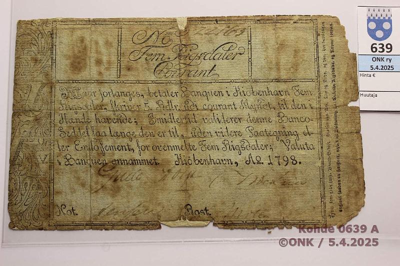 k-0639-a.jpg - Kohde 639 (kuva 1/2), lhthinta: 150 € / myyntihinta: 50 € Tanska 5 rigsdaler courant 1798 P#A29 Puutteita, takapuolella korjaus, kunto: 1