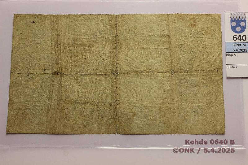 k-0640-b.jpg - Kohde 640 (kuva 2/2), lhthinta: 350 € / myyntihinta: 250 € Tanska 5 rigsdaler 1872 P#A62 N:o 0389714, rep, reiki, kunto: 2
