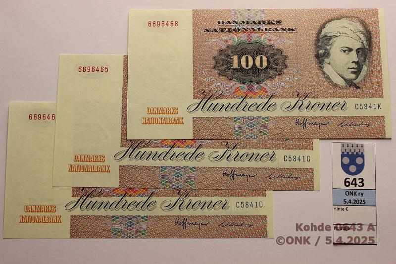 k-0643-a.jpg - Kohde 643 (kuva 1/2), lhthinta: 45 € / myyntihinta: 47 € Tanska 100 kr (3) 1984 P#51k 6696462, ..65, ..68, lhekkiset sarjan:ot, kunto: 9