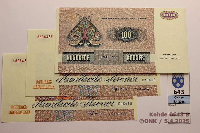 k-0643-b.jpg - Kohde 643 (kuva 2/2), lhthinta: 45 € / myyntihinta: 47 € Tanska 100 kr (3) 1984 P#51k 6696462, ..65, ..68, lhekkiset sarjan:ot, kunto: 9