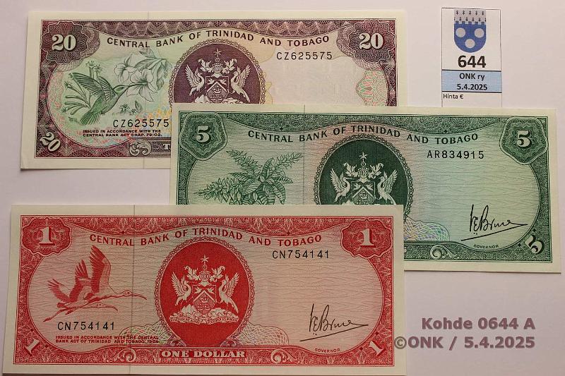 k-0644-a.jpg - Kohde 644, lhthinta: 15 € / myyntihinta: 19 € Trinidad & Tobago 1 + 5 + 20 $ P#30a, 31a, 39c, kunto: 9, 6, 8