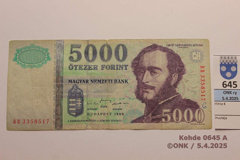 k-0645-a.jpg - Kohde 645 (kuva 1/2), lhthinta: 5 € / myyntihinta: 11 € Unkari 5000 forint 1999 P#182 Prep, kunto: 3