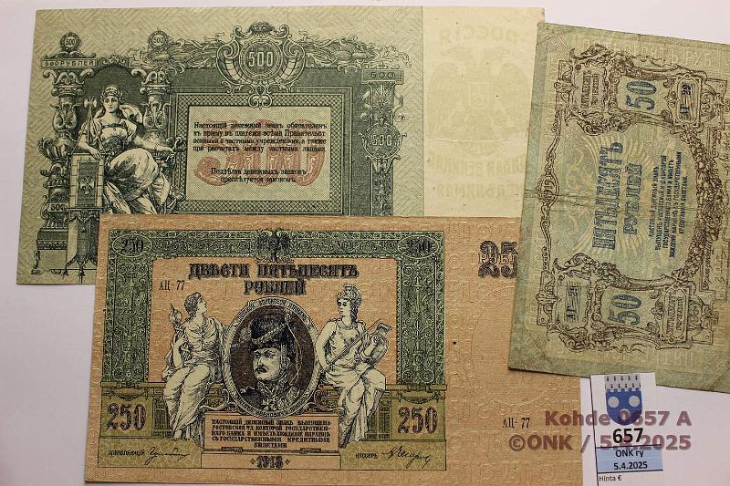 k-0657-a.jpg - Kohde 657 (kuva 1/2), lhthinta: 25 € / ei tarjouksia South Russia 50 + 250 + 500 rpl 1918-19 P#S414c, 415c, 416a 500r tahroja, kunto: 6, 5, 4