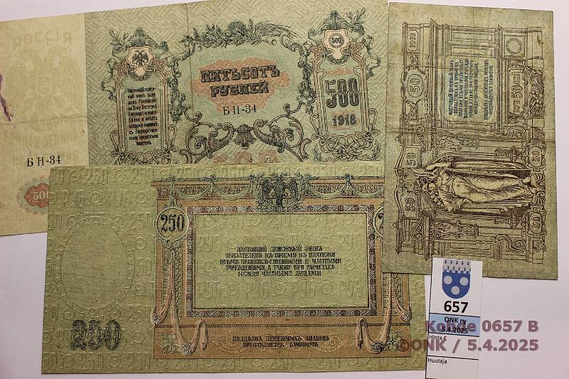 k-0657-b.jpg - Kohde 657 (kuva 2/2), lhthinta: 25 € / ei tarjouksia South Russia 50 + 250 + 500 rpl 1918-19 P#S414c, 415c, 416a 500r tahroja, kunto: 6, 5, 4