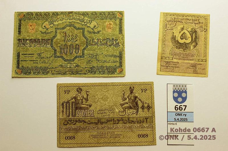 k-0667-a.jpg - Kohde 667 (kuva 1/2), l�ht�hinta: 15 &euro; / ei tarjouksia Transcaucasia 5 + 100 + 1000 rpl 1920 P#S709, 710, 712 Azerbaijan Socialist Soviet Republic, kunto: 4