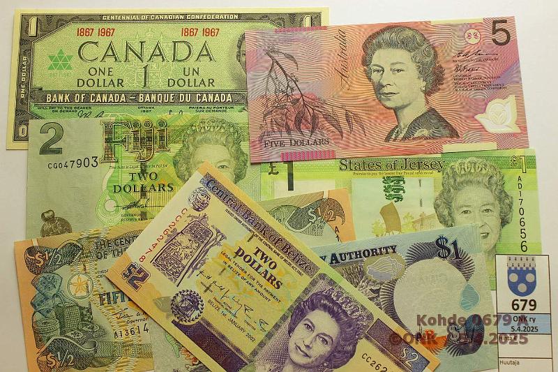 k-0679-a.jpg - Kohde 679, lhthinta: 35 € / myyntihinta: 35 € Eri maat (7) Australia 5 $ P#51a; Bahama 50 c P#68; Belize 2 $ P#60b; Kanada 1 $ P#84a juhlaseteli; Caymansaaret 1 $ P#33a; Fiji 2 $ P#109a; Jersey 1  P#32a. Parissa painumia, ei taitteita, kunto: 8-10