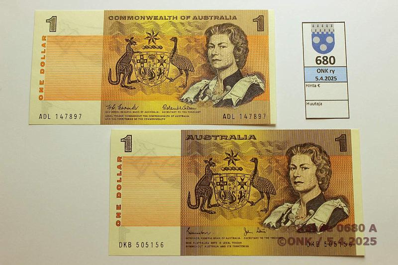 k-0680-a.jpg - Kohde 680 (kuva 1/2), lhthinta: 25 € / myyntihinta: 30 € Australia 1 $ (2) ND(1966, -83) P#37a, 42d Commonwealth, kunto: 9