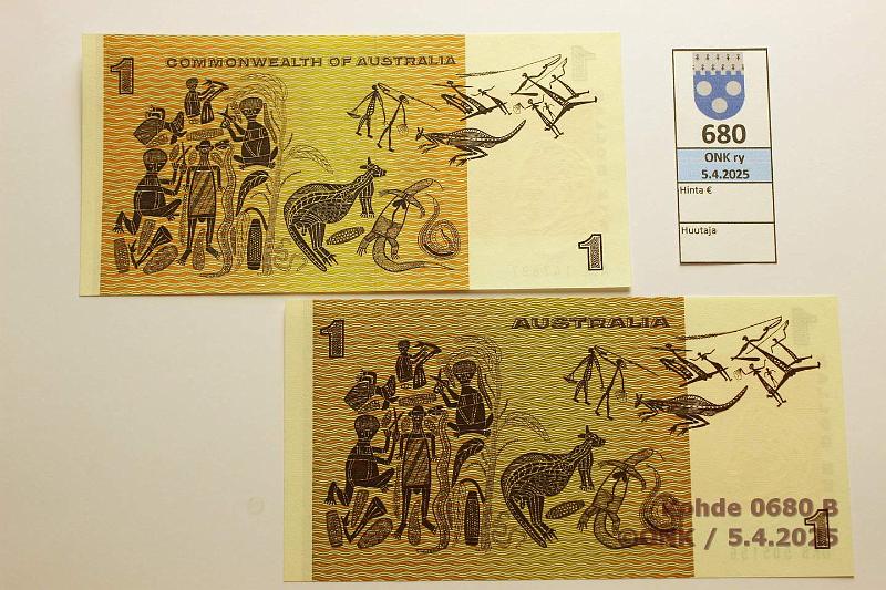 k-0680-b.jpg - Kohde 680 (kuva 2/2), lhthinta: 25 € / myyntihinta: 30 € Australia 1 $ (2) ND(1966, -83) P#37a, 42d Commonwealth, kunto: 9