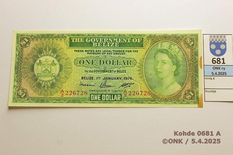 k-0681-a.jpg - Kohde 681 (kuva 1/2), lhthinta: 45 € / ei tarjouksia Belize 1 $ 1976 P#33c Kolme terv painumaa, 2 neulanreika, 2 tahraa, kunto: 8