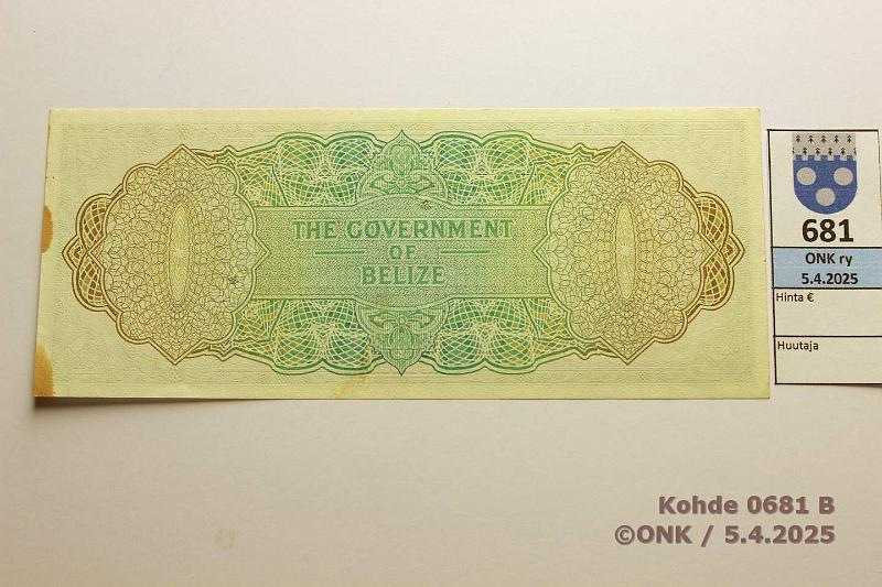 k-0681-b.jpg - Kohde 681 (kuva 2/2), lhthinta: 45 € / ei tarjouksia Belize 1 $ 1976 P#33c Kolme terv painumaa, 2 neulanreika, 2 tahraa, kunto: 8