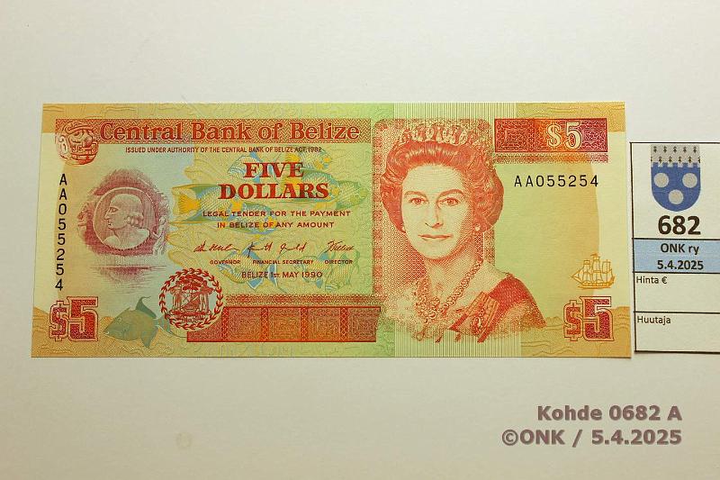 k-0682-a.jpg - Kohde 682 (kuva 1/2), lhthinta: 35 € / myyntihinta: 35 € Belize 5 $ 1990 P#53a, kunto: 10