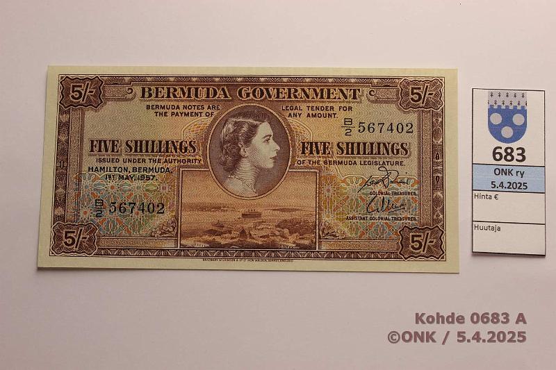 k-0683-a.jpg - Kohde 683 (kuva 1/2), lhthinta: 125 € / ei tarjouksia Bermuda 5 shillings 1957 P#18b, kunto: 9