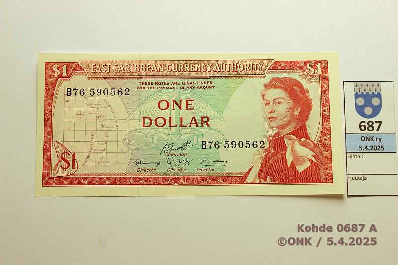 k-0687-a.jpg - Kohde 687 (kuva 1/2), lhthinta: 25 € / myyntihinta: 25 € East Caribbean States 1 $ ND(1965) P#13f Sign. 10, kunto: 9