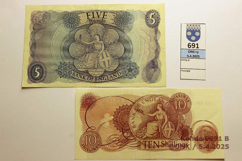 k-0691-b.jpg - Kohde 691 (kuva 2/2), lhthinta: 30 € / myyntihinta: 30 € Englanti 10 sh + 5  ND(1962-66) P#373b, 375a, kunto: 8, 7