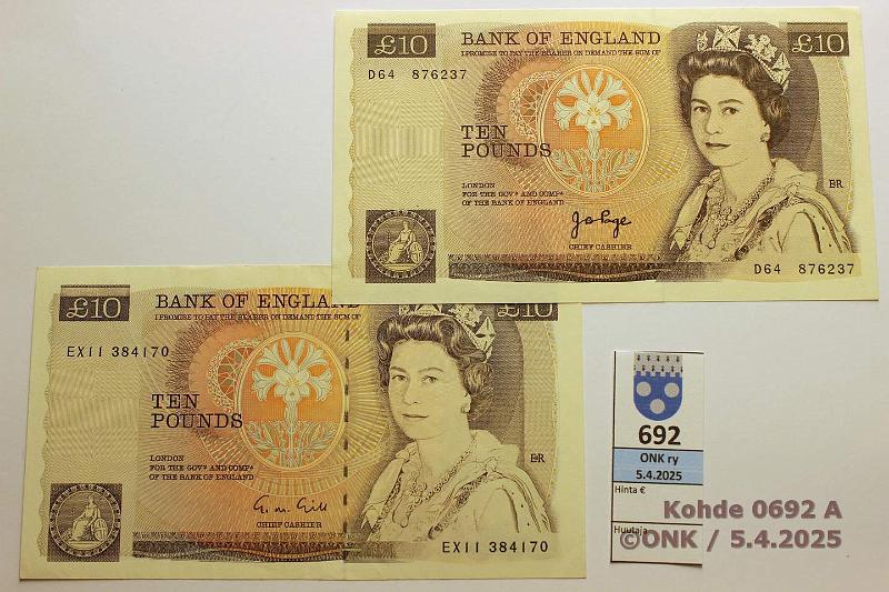 k-0692-a.jpg - Kohde 692 (kuva 1/2), lhthinta: 40 € / ei tarjouksia Englanti 10  (2) ND(1980-91) P379a, 379e Painumia, kunto: 9