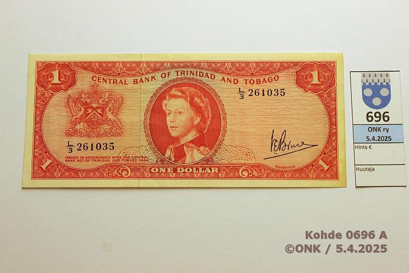 k-0696-a.jpg - Kohde 696 (kuva 1/2), lhthinta: 20 € / myyntihinta: 20 € Trinidad & Tobago 1 $ ND(1969) P#26c, kunto: 7
