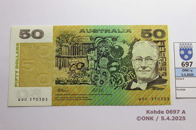 k-0697-a.jpg - Kohde 697 (kuva 1/2), lhthinta: 125 € / ei tarjouksia Australia 50 $ ND(1991-93) P#47h Florey - Lketiede 1945, kunto: 9