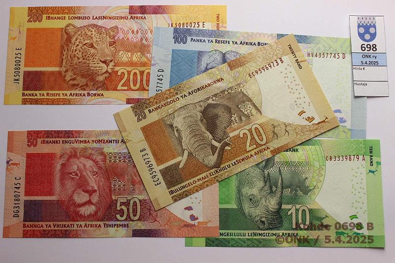 k-0698-b.jpg - Kohde 698 (kuva 2/2), lhthinta: 55 € / ei tarjouksia Etel-Afrikka 10 + 20 + 50 + 100 + 200 rand ND(2013-16) P#138a-142a Mandela - Rauha 1993, kunto: 9