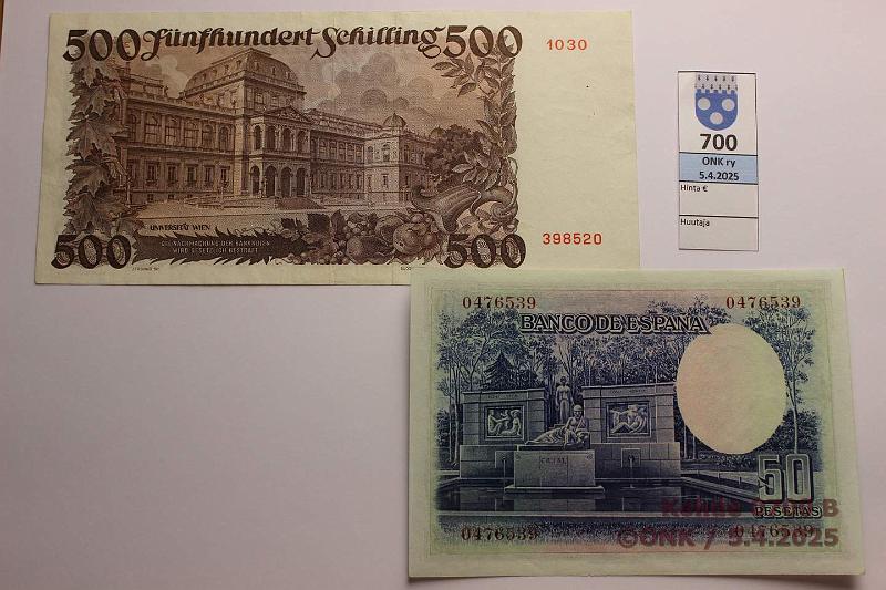 k-0700-b.jpg - Kohde 700 (kuva 2/2), lhthinta: 125 € / ei tarjouksia Itvalta 500 sch + Espanja 50 ptas 1953, -35 P#134, 88 Wagner-Jauregg - Lketiede 1927 (2 pient neulanreik, sil?); Cajal - Lketiede 1906, kunto: 7, 9
