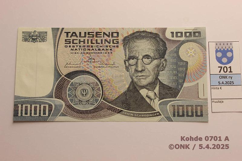 k-0701-a.jpg - Kohde 701 (kuva 1/2), lhthinta: 145 € / ei tarjouksia Itvalta 1000 sch 1983 P#152 Schrdinger - Fysiikka 1933, kunto: 8