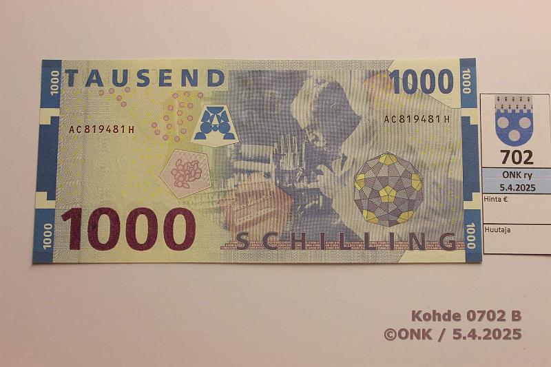 k-0702-b.jpg - Kohde 702 (kuva 2/2), lhthinta: 110 € / myyntihinta: 150 € Itvalta 1000 sch 1997 P#155 Landsteiner - Lketiede 1930, kunto: 9