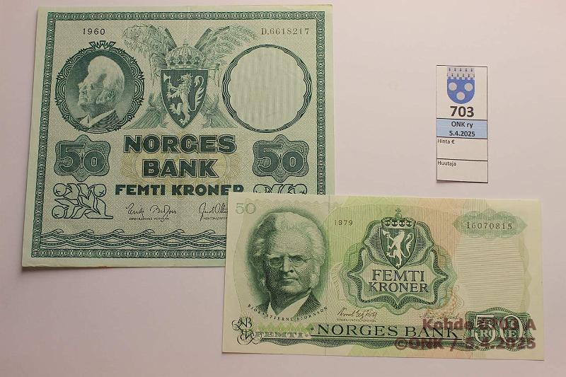 k-0703-a.jpg - Kohde 703 (kuva 1/2), lhthinta: 195 € / ei tarjouksia Norja 50 kr (2) 1960, -79 P#32c, 37d Bjrnson - Kirjallisuus 1903 (-60 kl 8, likaa reunassa), kunto: 8, 9