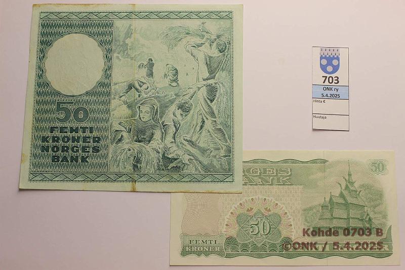 k-0703-b.jpg - Kohde 703 (kuva 2/2), lhthinta: 195 € / ei tarjouksia Norja 50 kr (2) 1960, -79 P#32c, 37d Bjrnson - Kirjallisuus 1903 (-60 kl 8, likaa reunassa), kunto: 8, 9