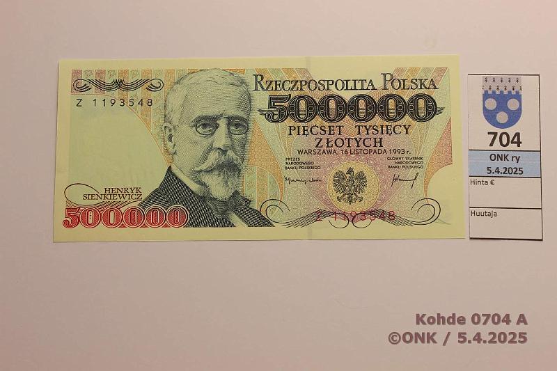 k-0704-a.jpg - Kohde 704 (kuva 1/2), lhthinta: 55 € / ei tarjouksia Puola 500 000 zl 1993 P#161 Sienkiewicz - Kirjallisuus 1905, kunto: 9