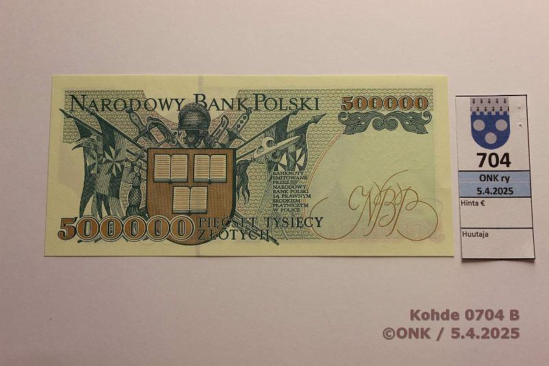 k-0704-b.jpg - Kohde 704 (kuva 2/2), lhthinta: 55 € / ei tarjouksia Puola 500 000 zl 1993 P#161 Sienkiewicz - Kirjallisuus 1905, kunto: 9