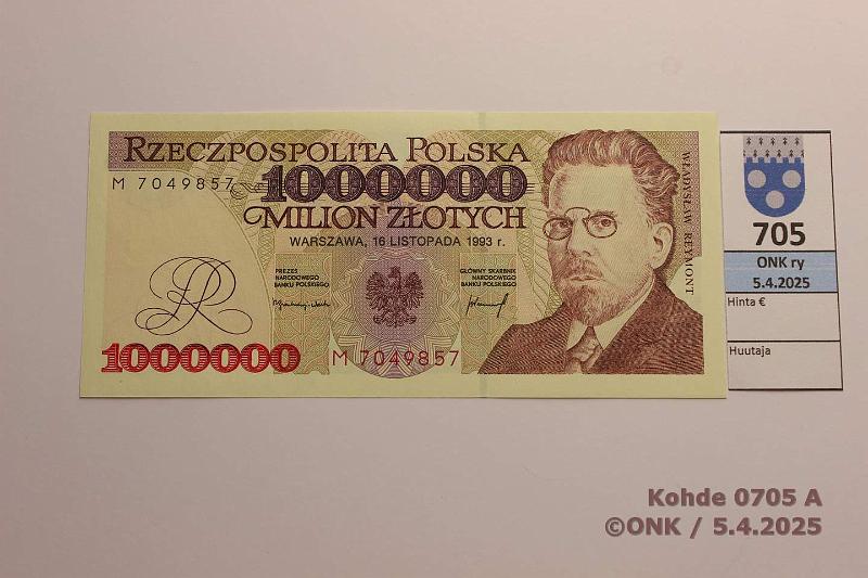 k-0705-a.jpg - Kohde 705 (kuva 1/2), lhthinta: 75 € / ei tarjouksia Puola 1 000 000 zl 1993 P#162 Reymont - Kirjallisuus 1924, kunto: 9