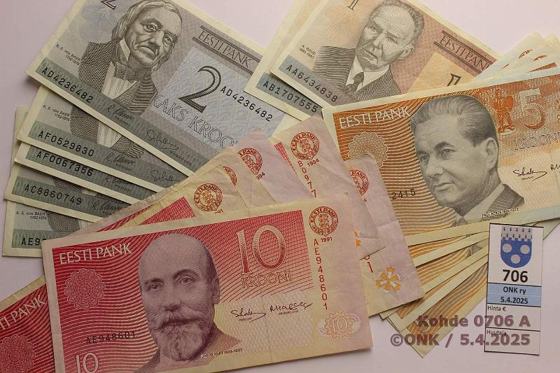 k-0706-a.jpg - Kohde 706 (kuva 1/2), lhthinta: 10 € / myyntihinta: 15 € Eesti (22) 1991-94 1k -92(2); 2k -92(5); 5k -92(4), -94(2); 10k -91(2); -92, -94(3); 25k -92(2); 50k -94, kunto: 4-6