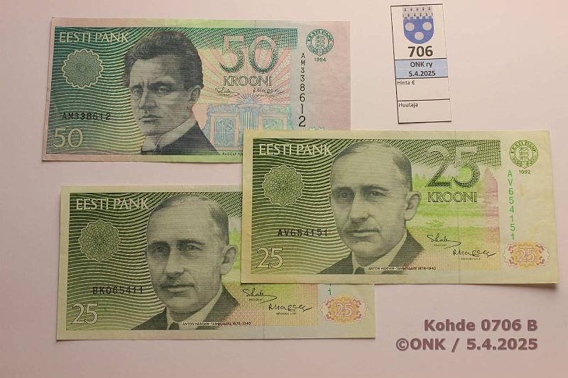 k-0706-b.jpg - Kohde 706 (kuva 2/2), lhthinta: 10 € / myyntihinta: 15 € Eesti (22) 1991-94 1k -92(2); 2k -92(5); 5k -92(4), -94(2); 10k -91(2); -92, -94(3); 25k -92(2); 50k -94, kunto: 4-6