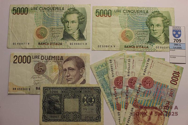 k-0709-a.jpg - Kohde 709, lhthinta: 5 € / ei tarjouksia Italia (8) 1935-90 1l ND; 500l ND; 1000l -90(3); 2000l -90; 5000l -85(2), kunto: 3-4
