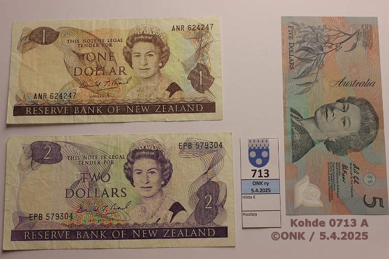 k-0713-a.jpg - Kohde 713 (kuva 1/2), lhthinta: 5 € / myyntihinta: 11 € Oseania (3) 1989-93 Uusi Seelanti 1 + 2$ -89-92 (P#169, 170); Australia 5$ -92-93, polymeeri (P#50), kunto: 4, 4, 7