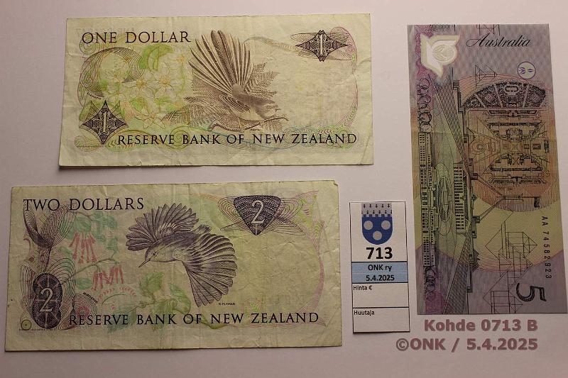 k-0713-b.jpg - Kohde 713 (kuva 2/2), lhthinta: 5 € / myyntihinta: 11 € Oseania (3) 1989-93 Uusi Seelanti 1 + 2$ -89-92 (P#169, 170); Australia 5$ -92-93, polymeeri (P#50), kunto: 4, 4, 7