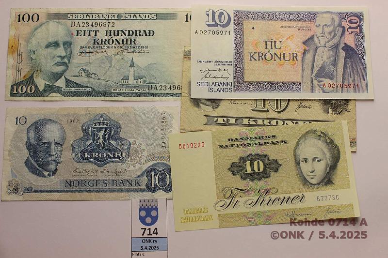 k-0714-a.jpg - Kohde 714, lhthinta: 10 € / myyntihinta: 10 € Pohjola (5) 1954-86 Islanti 10kr -81-86 (P#48, kl9), 100kr -65-80 (P#44, kl4); Norja 10kr -82 (P#36, kl4); Tanska 10kr -54-57 (P#44, kl4), 10kr -72-78 (P#48, kl9), kunto: 4-9