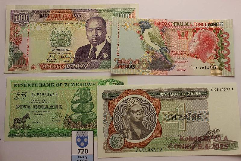 k-0720-a.jpg - Kohde 720 (kuva 1/2), lhthinta: 30 € / myyntihinta: 30 € Muu maailma (4) 1972-96 Kenia 100s -89 P#27a; Sao Tome & Principe 20 000d -96 P#67a; Zaire 1z -72 P#18a; Zimbabwe 5$ -94 P#2e, kunto: 8-9