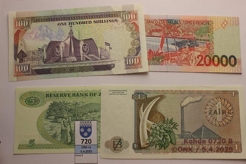 k-0720-b.jpg - Kohde 720 (kuva 2/2), lhthinta: 30 € / myyntihinta: 30 € Muu maailma (4) 1972-96 Kenia 100s -89 P#27a; Sao Tome & Principe 20 000d -96 P#67a; Zaire 1z -72 P#18a; Zimbabwe 5$ -94 P#2e, kunto: 8-9