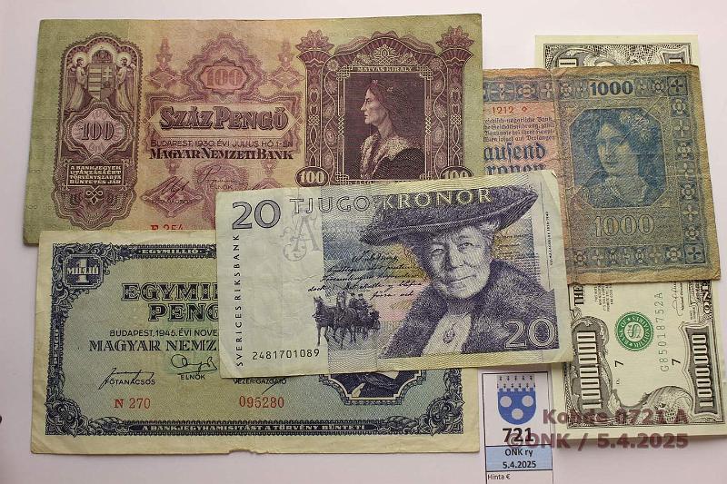 k-0721-a.jpg - Kohde 721, lhthinta: 5 € / myyntihinta: 5 € Muu maailma (6) 1922 → Itvalta 1000kr-22; Ruotsi 20kr-92; Unkari 100p-30, 1 000 000p-45; USA fantasiaseteli 1 milj $, kunto: 3-8
