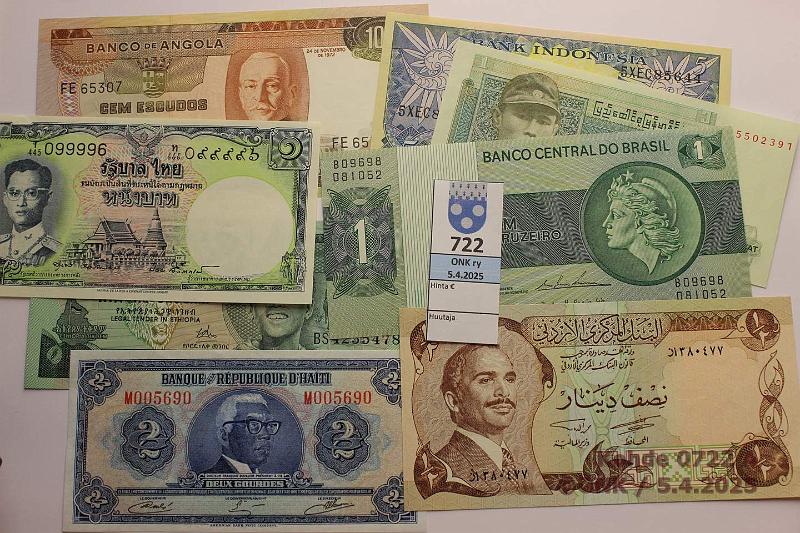 k-0722-a.jpg - Kohde 722, lhthinta: 10 € / myyntihinta: 10 € Muu maailma (8) 1959 → Angola 100e-72, Brasilia 1c, Burma 1k, Etiopia 1b, Haiti 2g, Indonesia 5r-59, Jordan d, Thaimaa 1b, kunto: 8-9