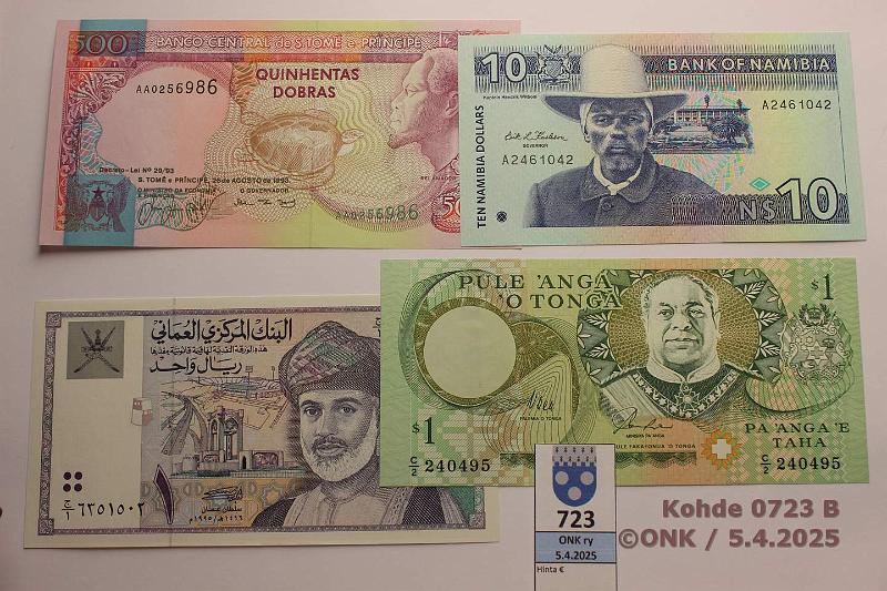 k-0723-b.jpg - Kohde 723 (kuva 2/2), lhthinta: 24 € / ei tarjouksia Muu maalma (8) 1984-2011 Kypros P#60b, Komorit P#17, Malediivit P#11, Mauritania P#16a, Namibia P#1, Oman P#34, Sao Tome & Principe P#63, Tonga P#31a, kunto: 9-10