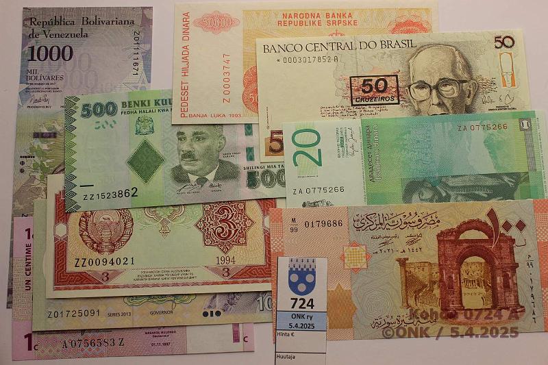 k-0724-a.jpg - Kohde 724 (kuva 1/2), lhthinta: 15 € / myyntihinta: 15 € Er korvaavia seteleit (15) 1981-2021 Argentiina 100a-89 P#327cr, Bhutan 10n-13 P#29br, Brasilia 50cr-90 P#223r, Egypti 50p-17 P#70, Indonesia 2000r P#155, Iran 1000r-92 P#143, Jugoslavia 500d-81 P#91br, Kongo 1c-97 P#80, Nigeria 50n-20 P#40, Serbia 20d-06 P#47r, Srpska 50000d-93 P#153, Syyria 100-21 P#113, Tansania 50s-10 P#40, Uzbekistan 3s-94 P#74r, Venezuela 1000b-17 P#95r, kunto: 9